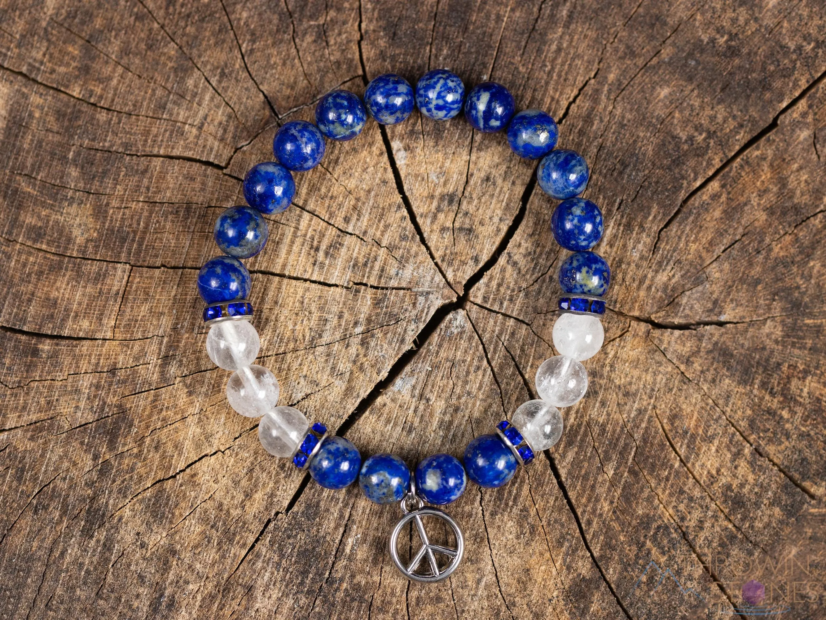 LAPIS LAZULI & Clear QUARTZ Crystal Bracelet with Peace Sign Charm - Beaded Gemstone Handmade Jewelry Gift for Her, E2199