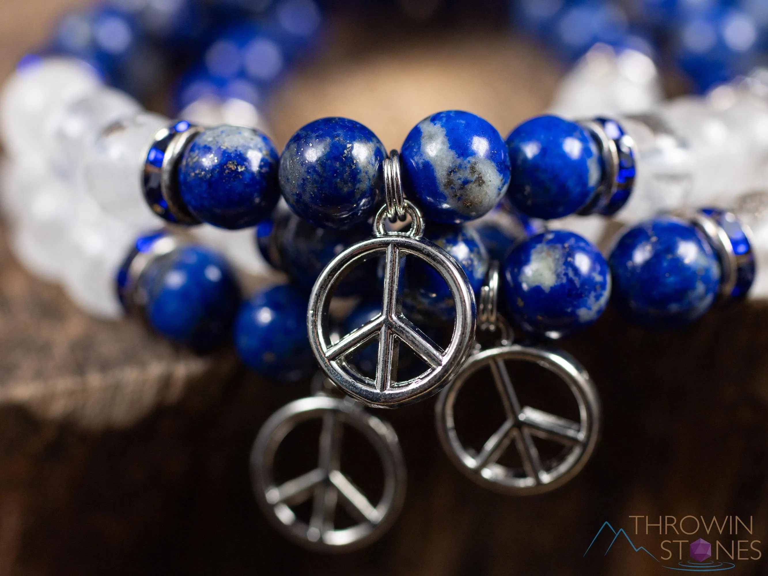 LAPIS LAZULI & Clear QUARTZ Crystal Bracelet with Peace Sign Charm - Beaded Gemstone Handmade Jewelry Gift for Her, E2199