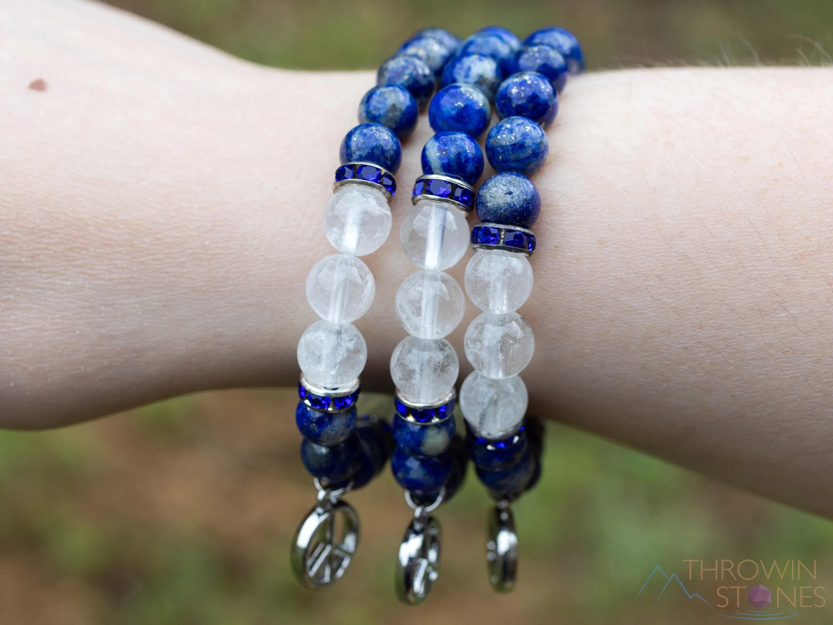 LAPIS LAZULI & Clear QUARTZ Crystal Bracelet with Peace Sign Charm - Beaded Gemstone Handmade Jewelry Gift for Her, E2199