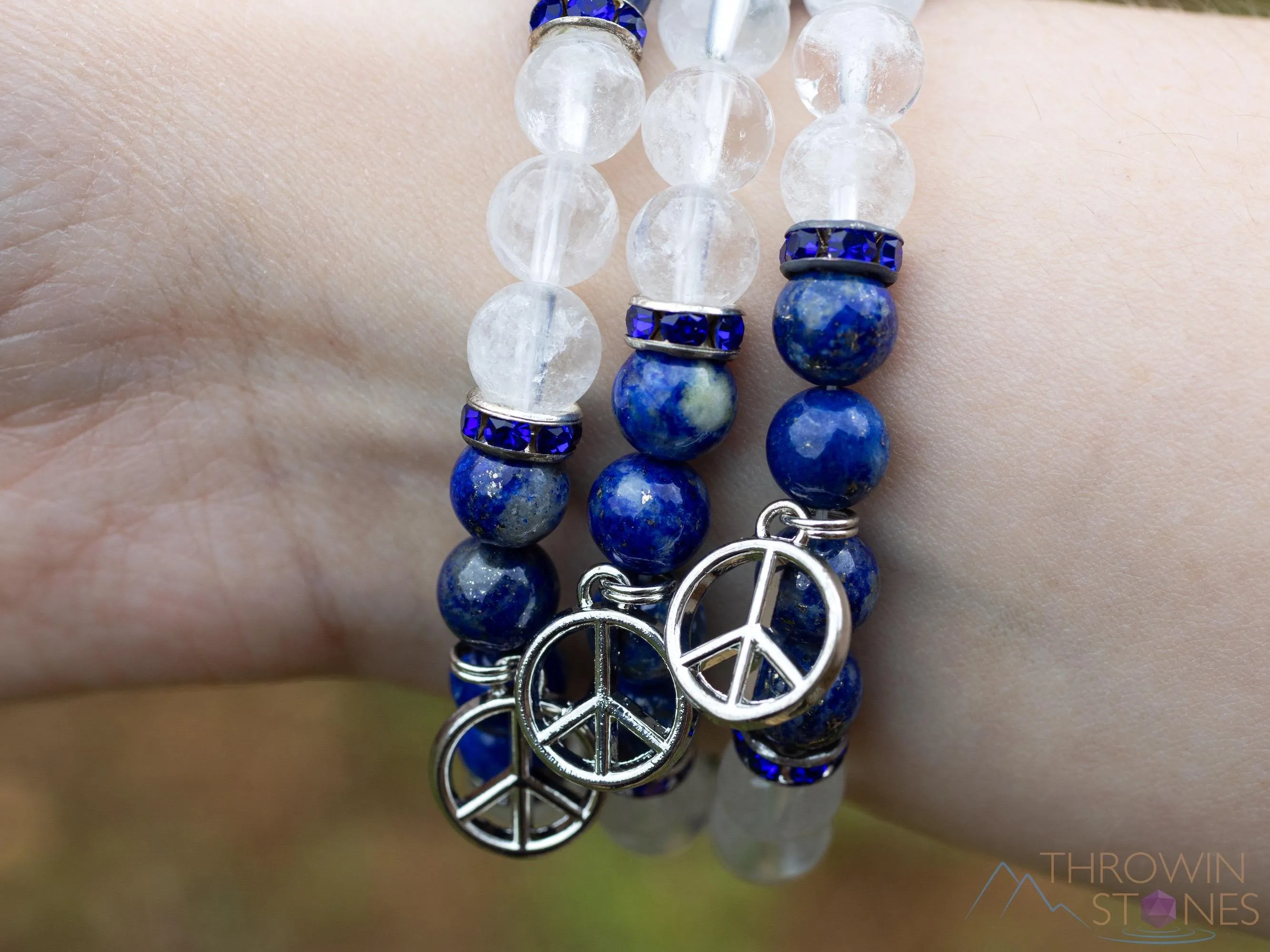 LAPIS LAZULI & Clear QUARTZ Crystal Bracelet with Peace Sign Charm - Beaded Gemstone Handmade Jewelry Gift for Her, E2199