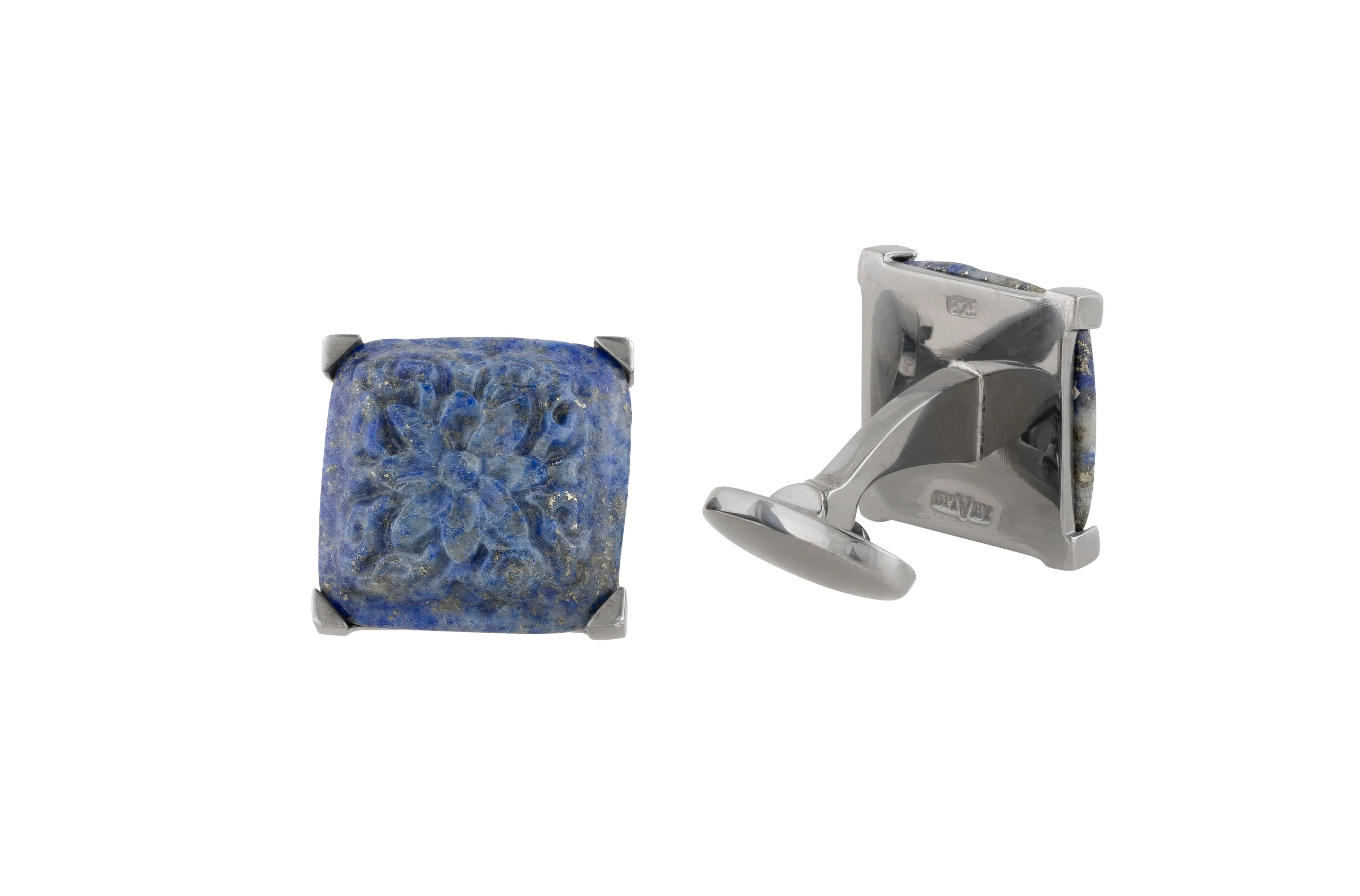 Lapis Lazuli Carved Lotus Cufflinks - Resilience