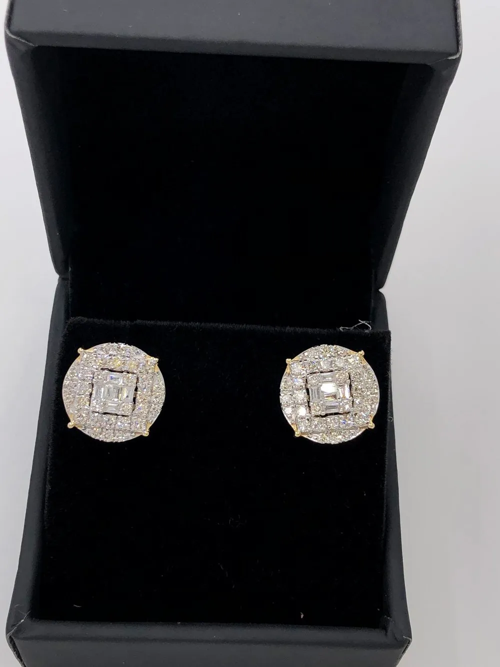 Large Baguette in Circle Diamond Earrings 1.10cttw 10K Yellow Gold