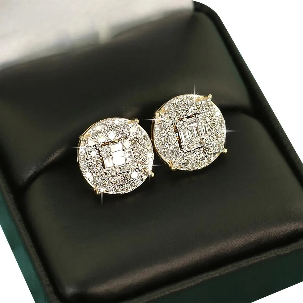 Large Baguette in Circle Diamond Earrings 1.10cttw 10K Yellow Gold