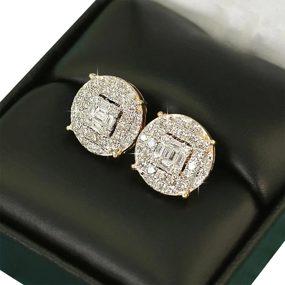 Large Baguette in Circle Diamond Earrings 1.10cttw 10K Yellow Gold