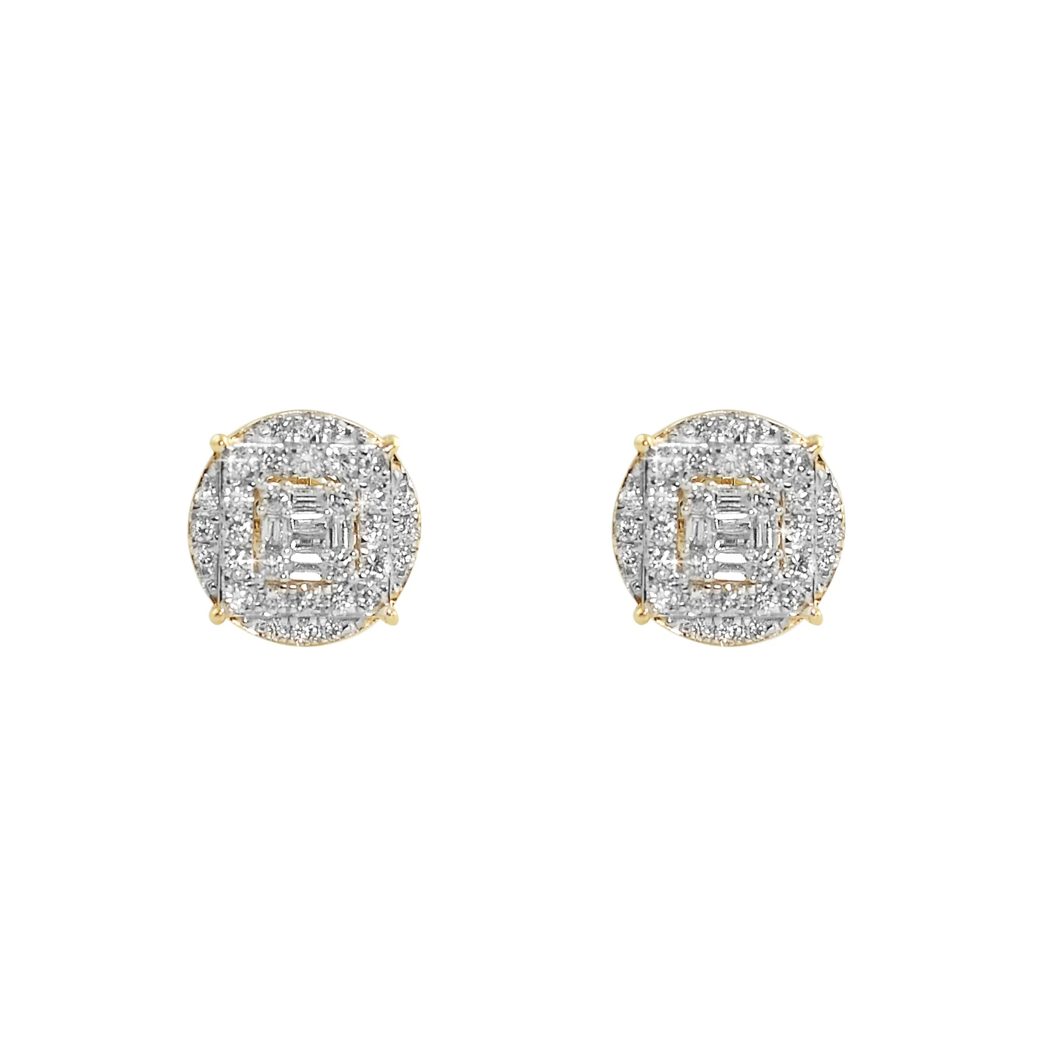 Large Baguette in Circle Diamond Earrings 1.10cttw 10K Yellow Gold