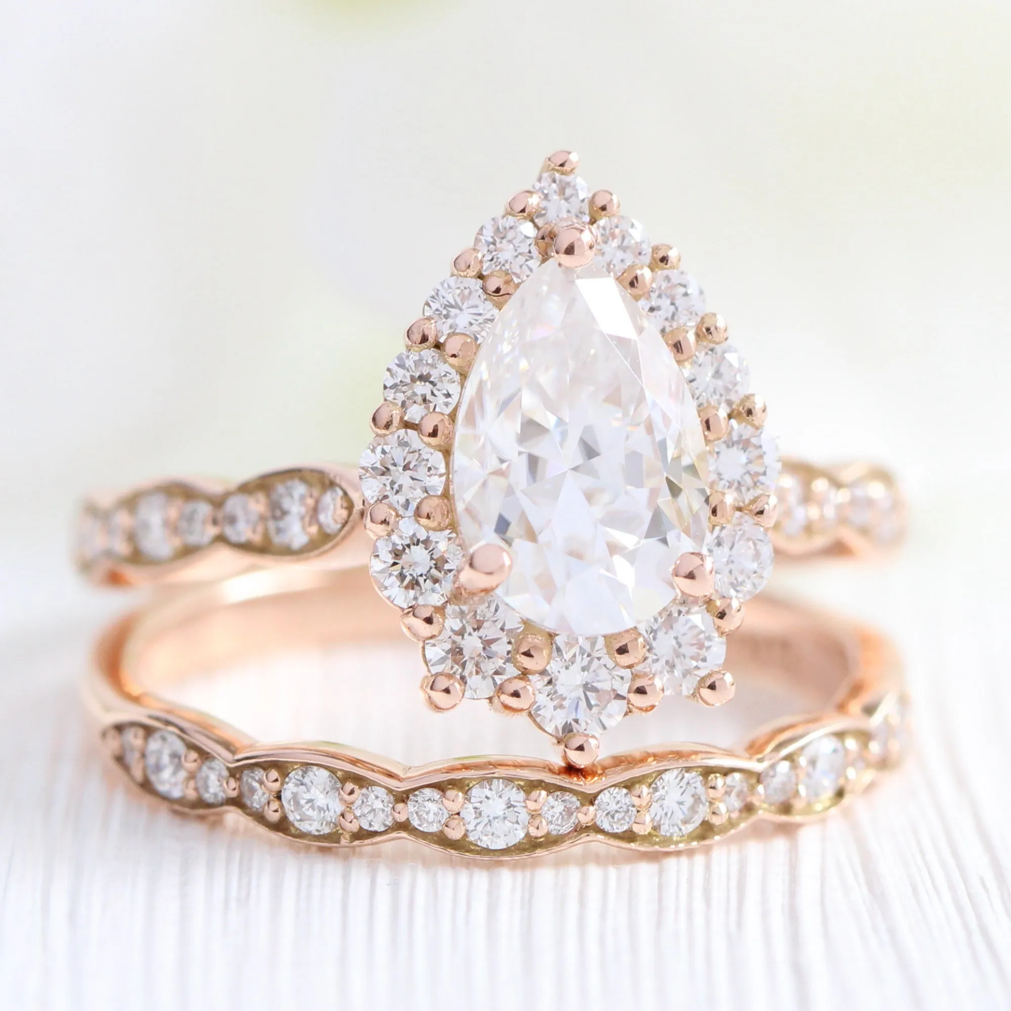 Large Tiara Halo Pear Ring Set w/ Moissanite and Scalloped Diamond Band