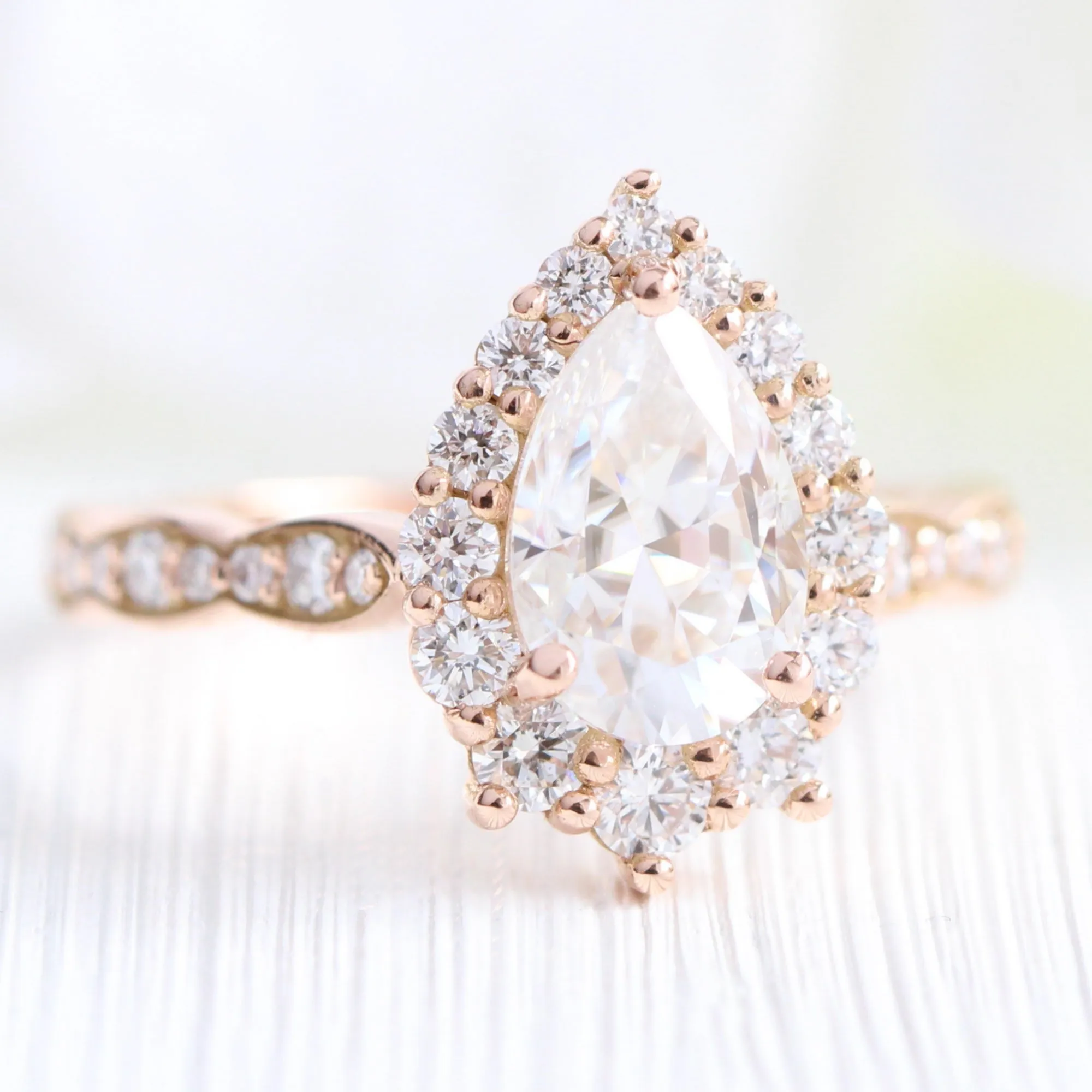 Large Tiara Halo Pear Ring Set w/ Moissanite and Scalloped Diamond Band