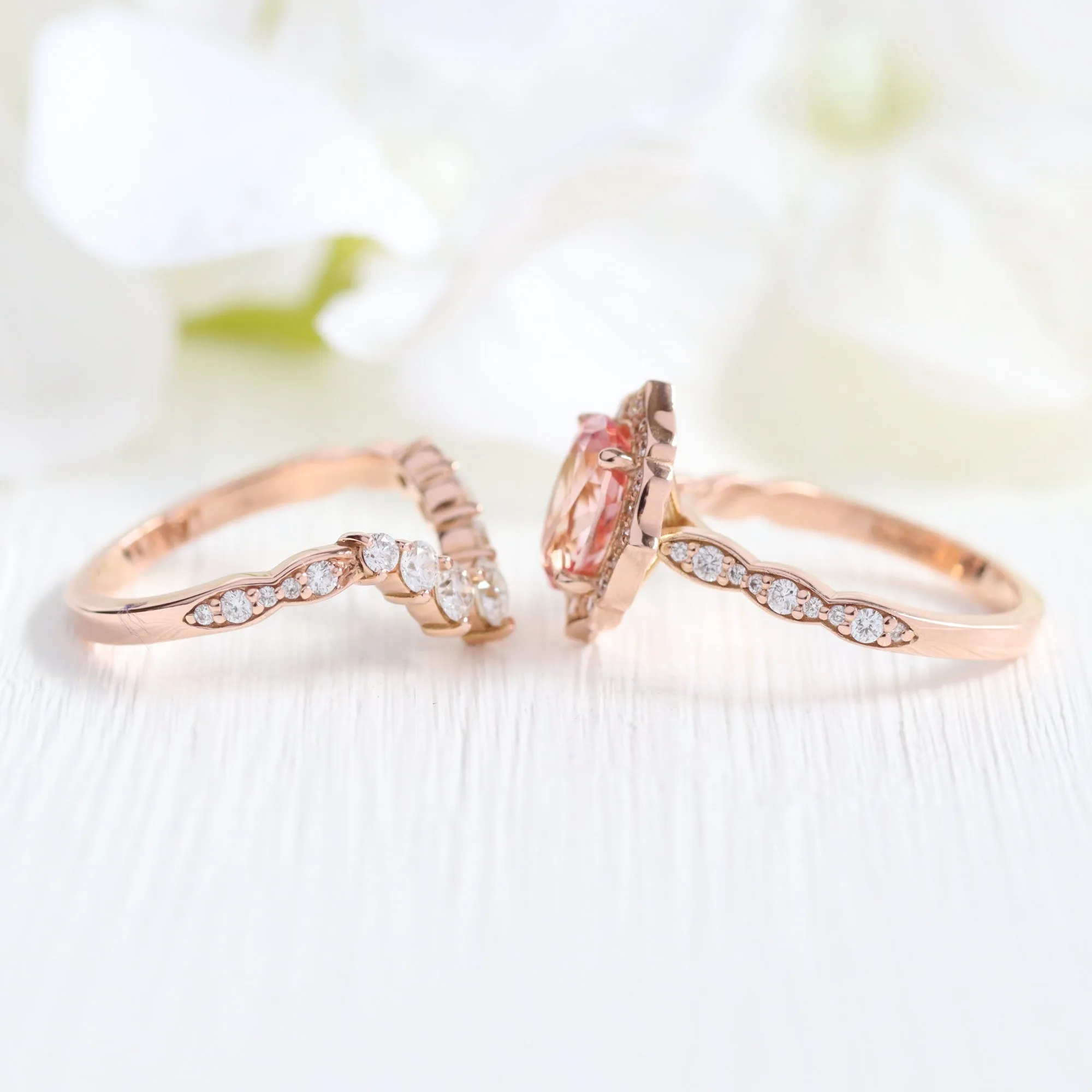 Large Vintage Floral Oval Ring Set w/ Peach Sapphire and Large 7 Diamond Scalloped Band