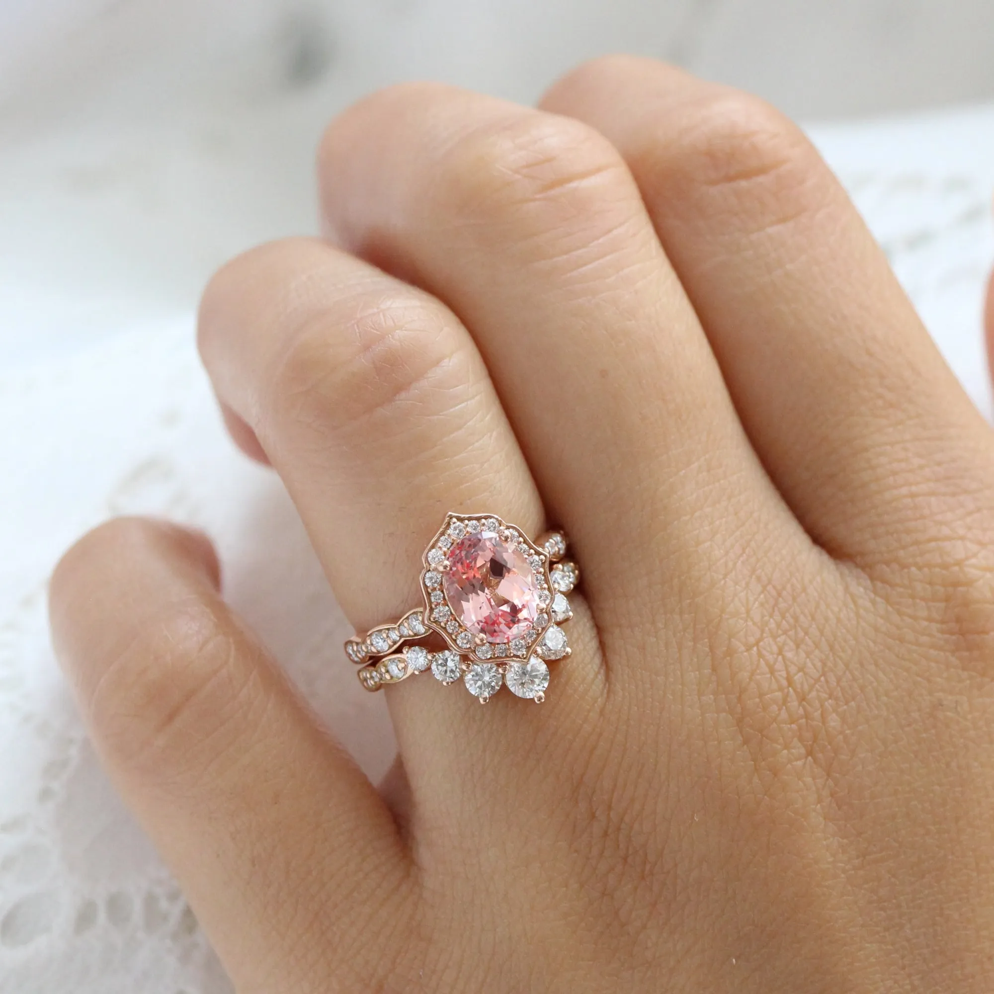 Large Vintage Floral Oval Ring Set w/ Peach Sapphire and Large 7 Diamond Scalloped Band