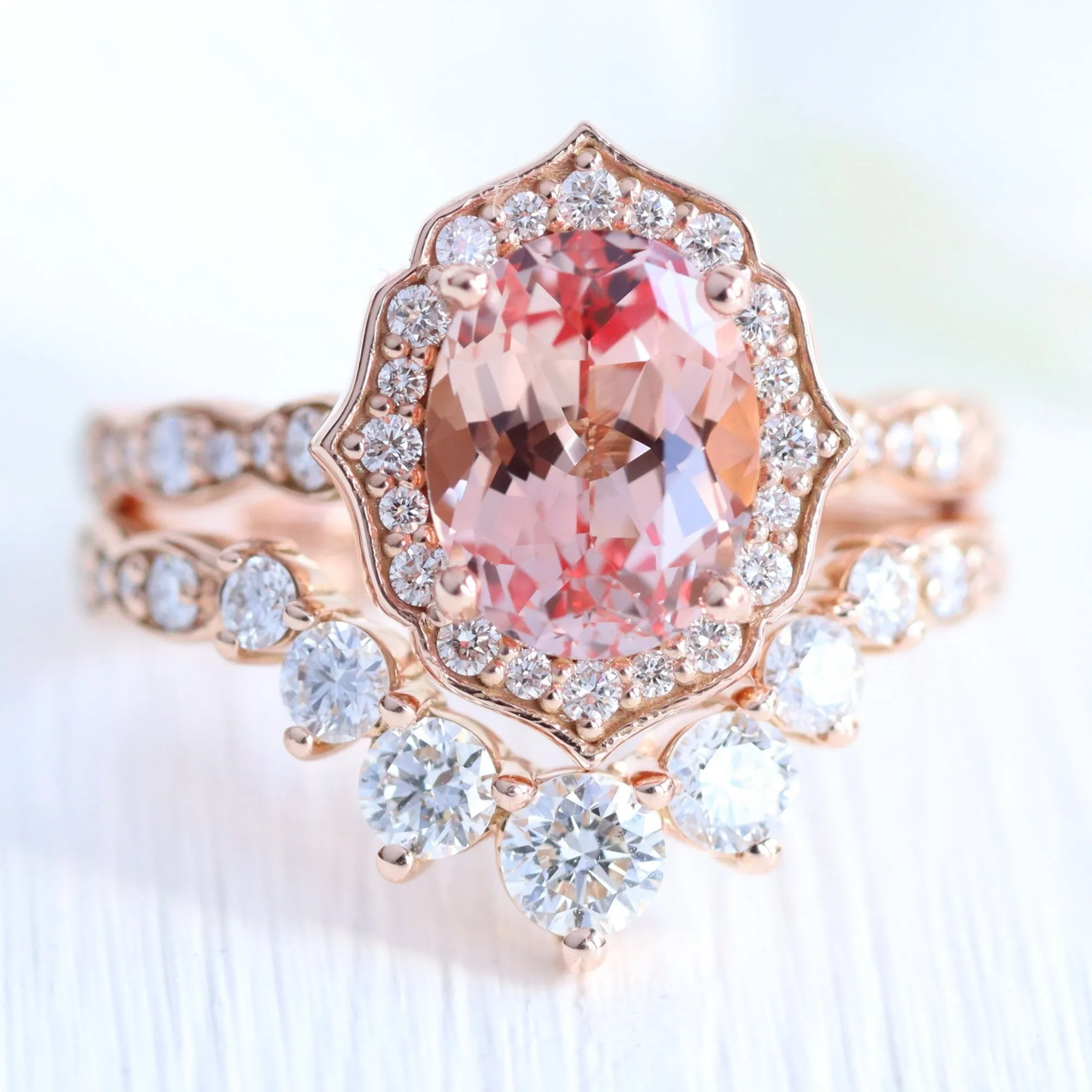 Large Vintage Floral Oval Ring Set w/ Peach Sapphire and Large 7 Diamond Scalloped Band