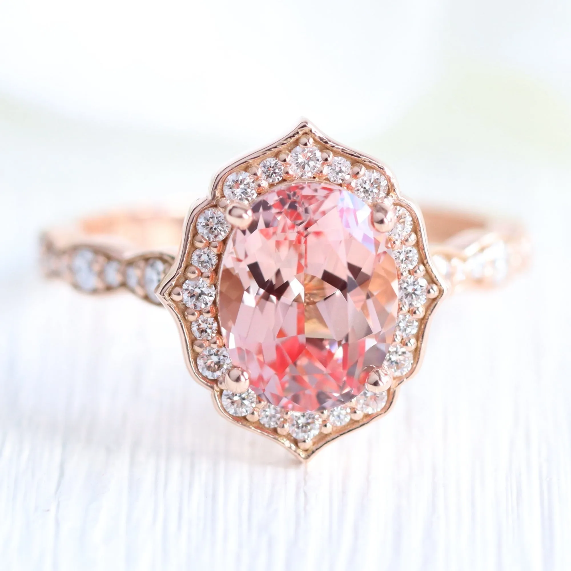 Large Vintage Floral Oval Ring Set w/ Peach Sapphire and Large 7 Diamond Scalloped Band