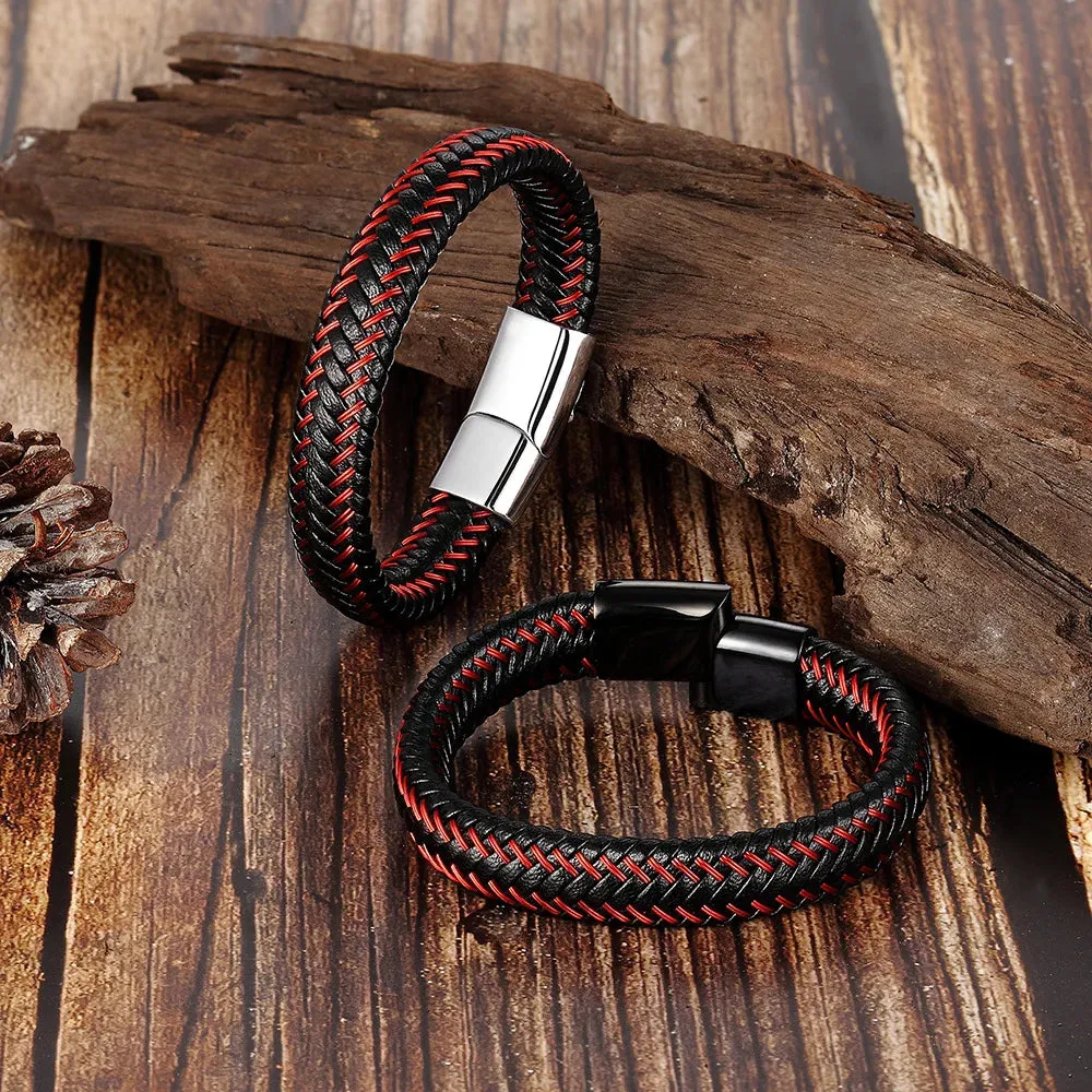 Leather Rope Bracelet Stainless Steel Leather Braided Bracelet Leather Bracelet Red Bracelet Men's Leather Jewelry