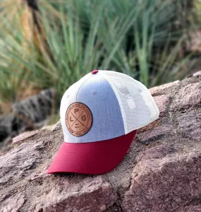 LPG Apparel Co. Crossed Gaff & Surfboard 115 Heather Grey/ White / Crimson Snap Back Trucker Baseball Hat