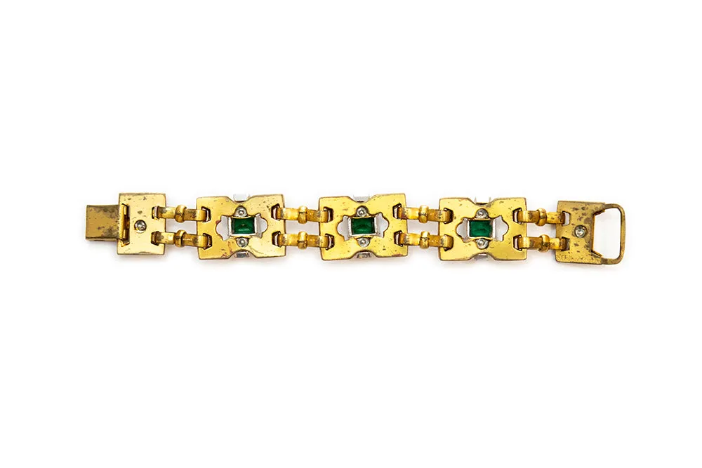 McCLELLAND BARCLAY Art Deco Gold Plated with Green Stones Link Bracelet