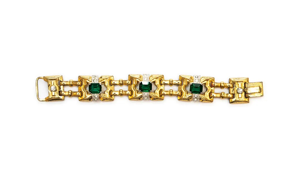 McCLELLAND BARCLAY Art Deco Gold Plated with Green Stones Link Bracelet