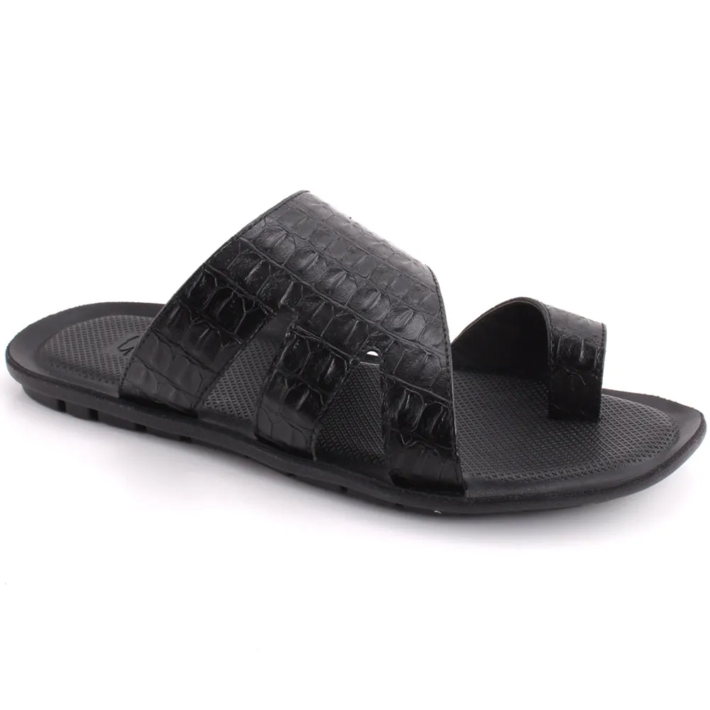 Men “ESTEBAN” Toe Ring Textured Side Cut Out Wide Strap Slip On Slippers