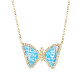 Mini Opal Butterfly Necklace with Diamonds - Galaxy Turquoise