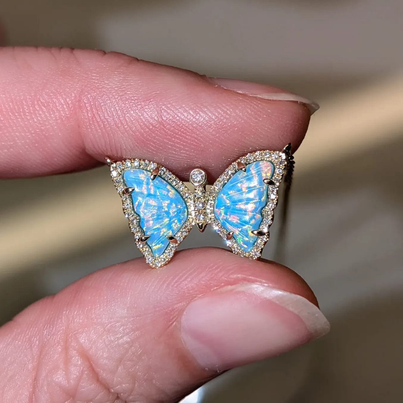 Mini Opal Butterfly Necklace with Diamonds - Galaxy Turquoise