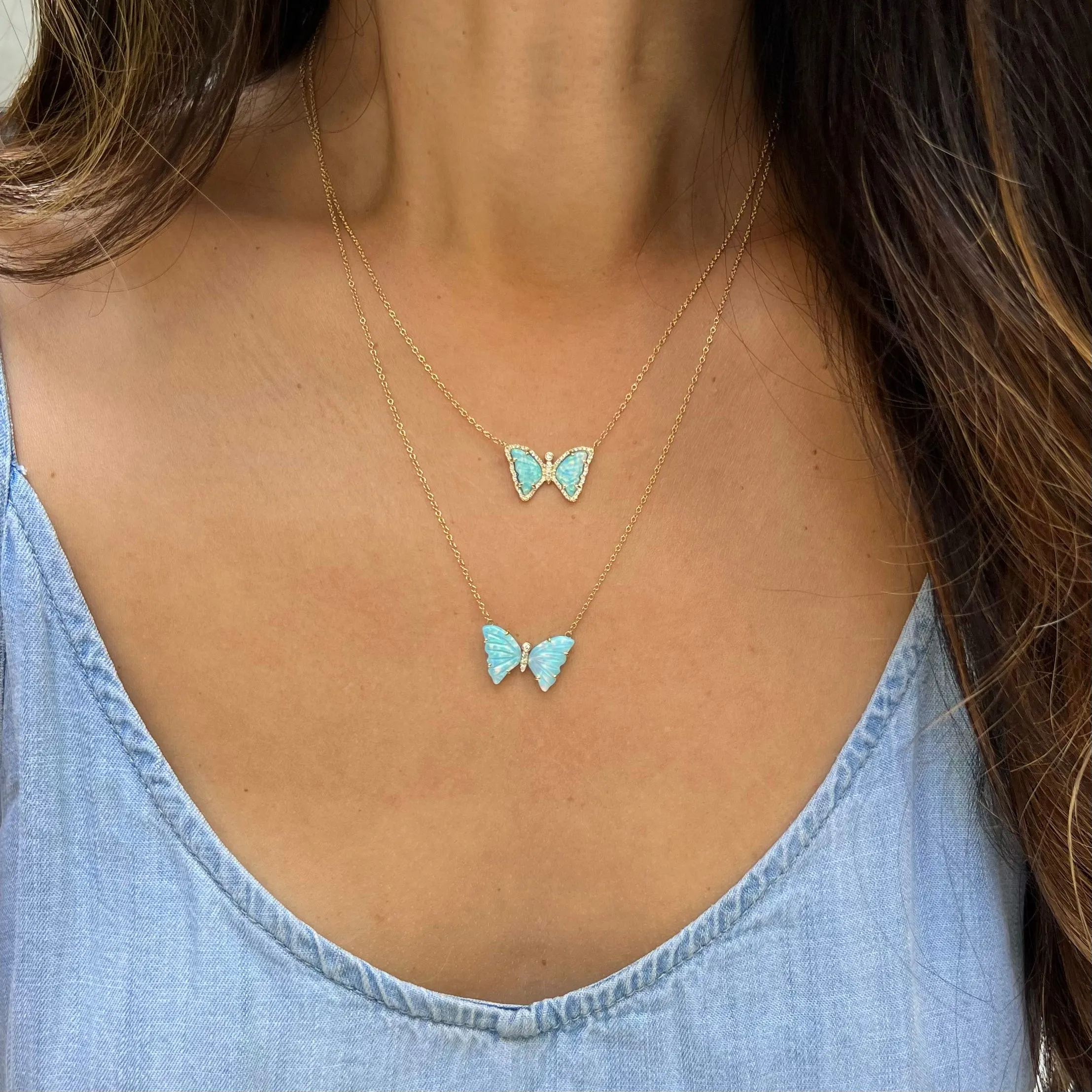 Mini Opal Butterfly Necklace with Diamonds - Galaxy Turquoise