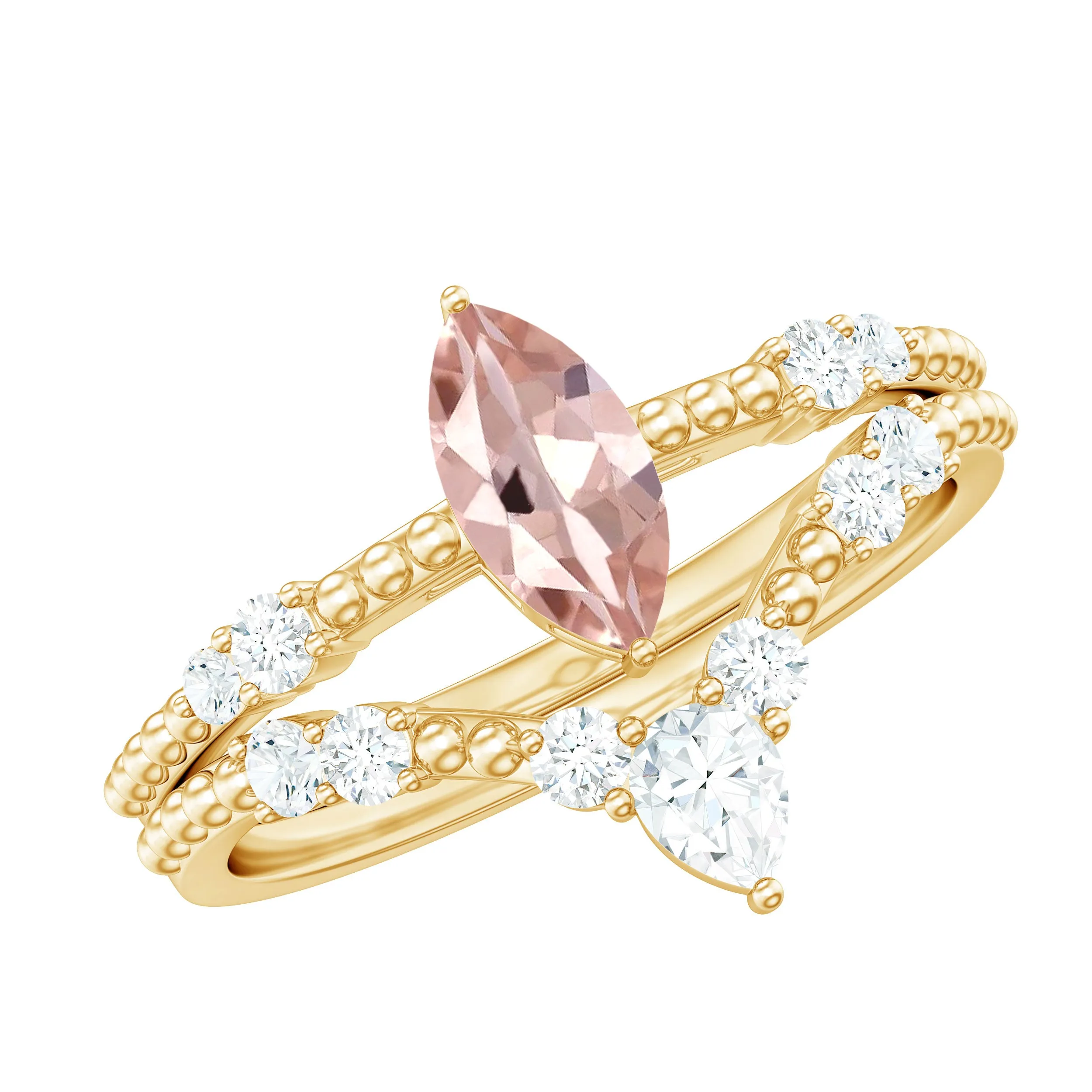 Morganite and Diamond Beaded Ring Set