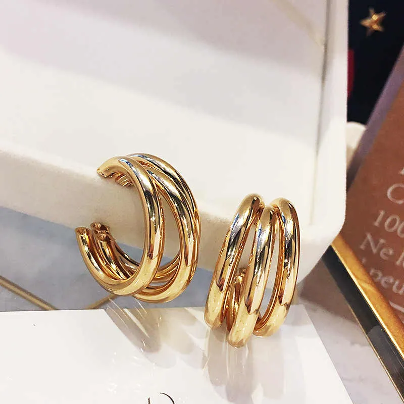 Multiple Rows Circle Gold Platted Hoop Earrings C Shaped Earrings Triple Open Minimalist Hoop Earrings Simple Jewelry