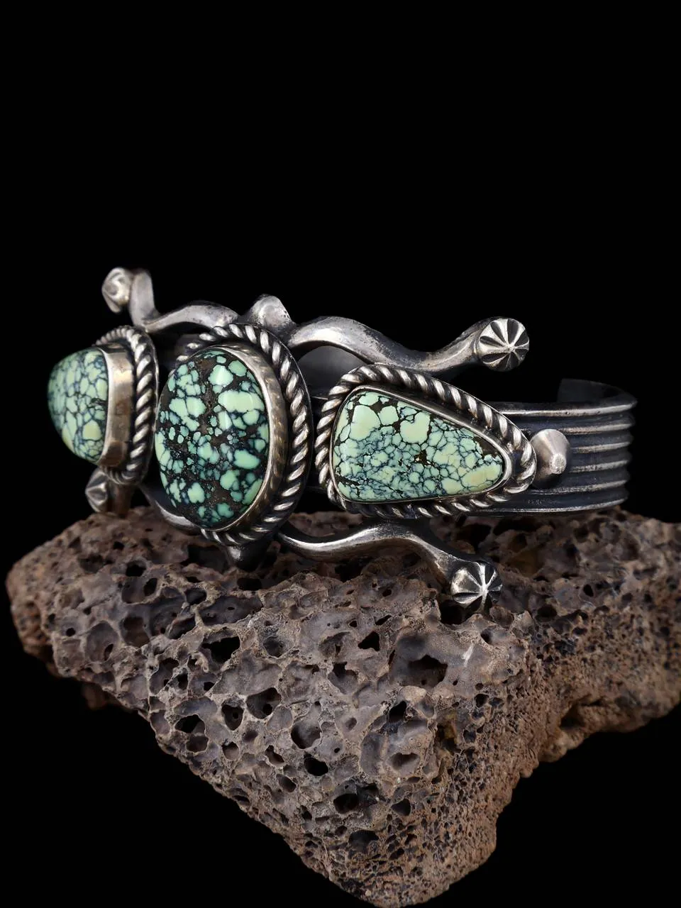 Native American Sterling Silver Sandcast New Lander Variscite Bracelet