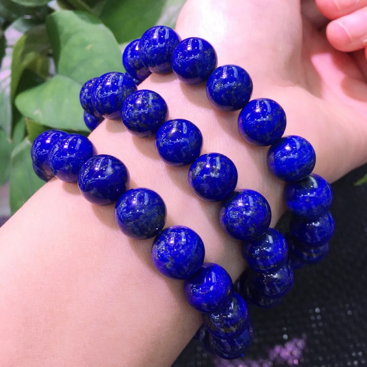 Natural old mineral Lapis round bead bracelet