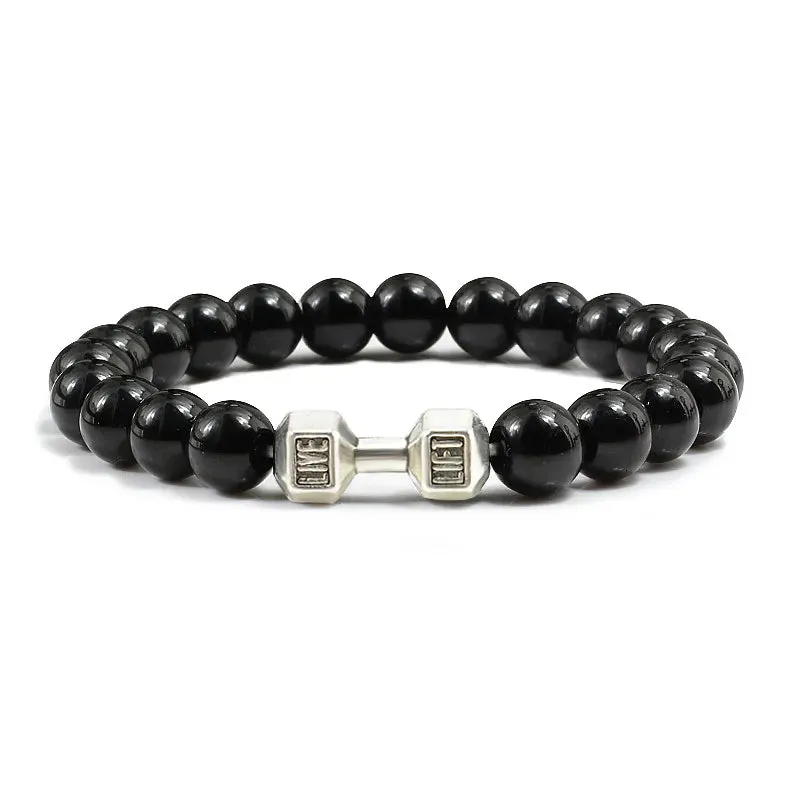 Natural Volcanic Stone Bracelet Men Matte Black Lave White Beads Charm Dumbbell Strand Bracelets Women Barbell Fitness Jewelry