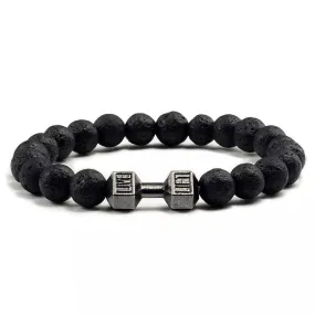 Natural Volcanic Stone Bracelet Men Matte Black Lave White Beads Charm Dumbbell Strand Bracelets Women Barbell Fitness Jewelry