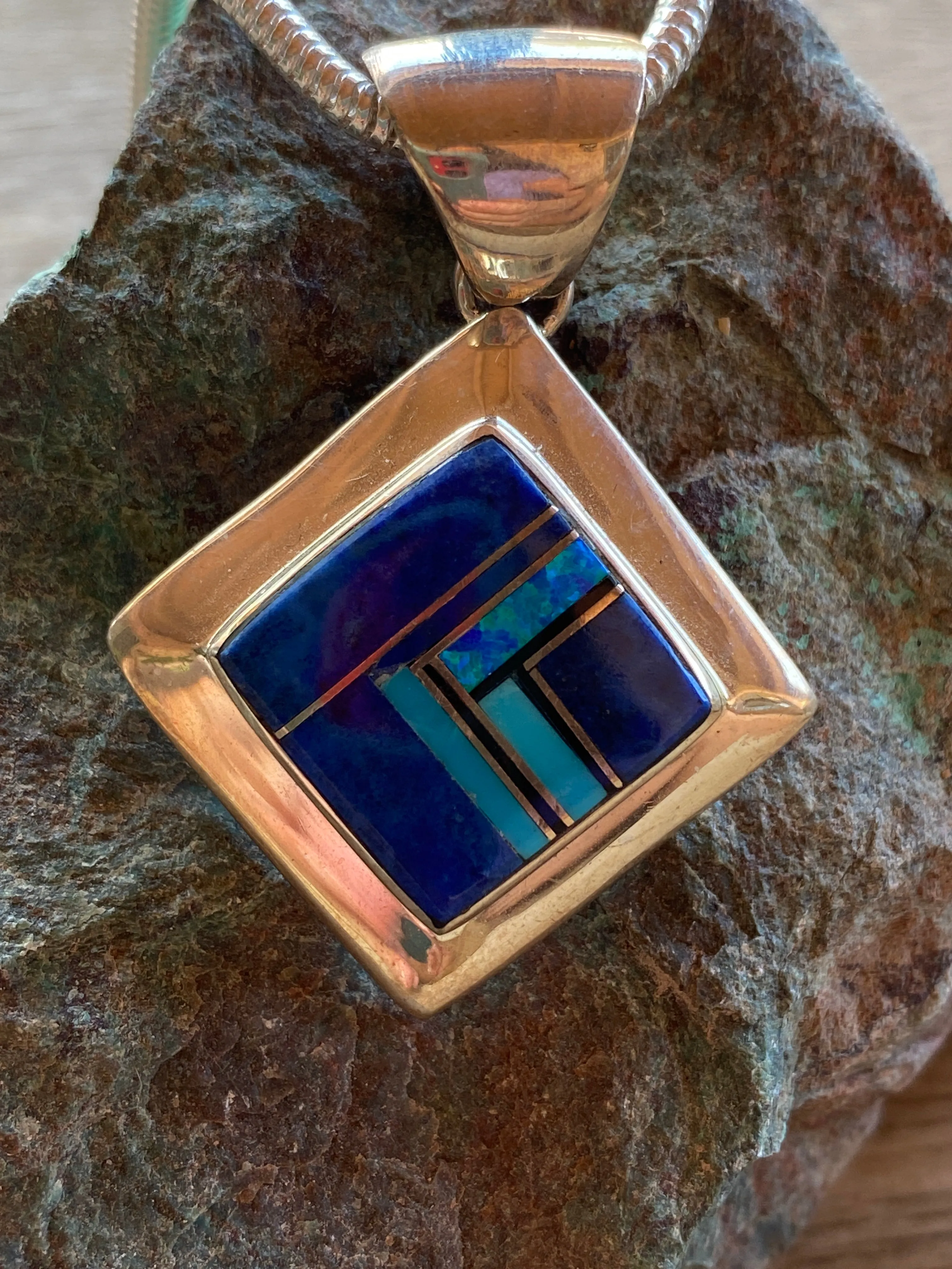 Navajo Lapis, Turquoise, Blue Opal Square Pendant