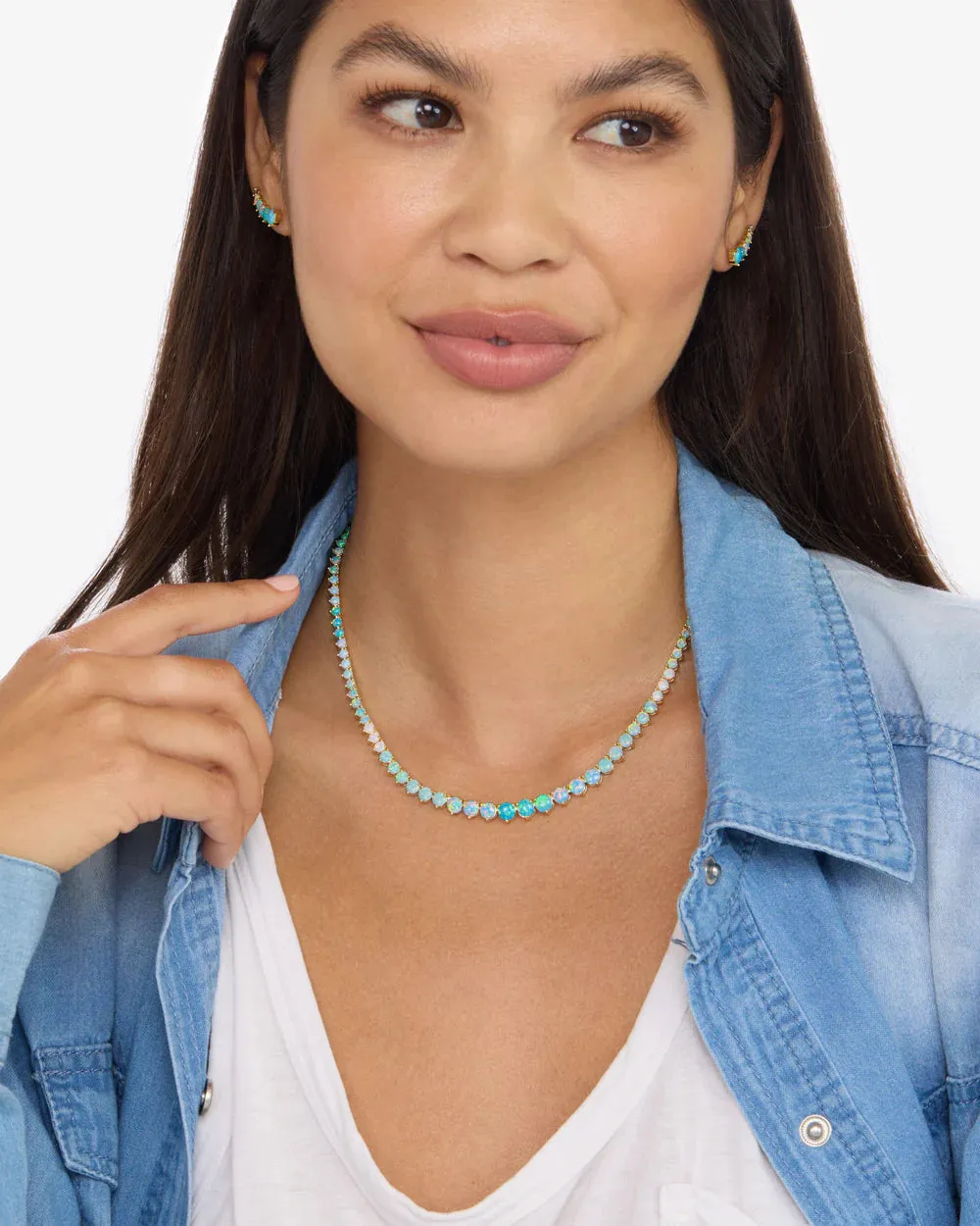 Not Your Basic Graduated Ombre Tennis Necklace 16" Gold and Blue Opal