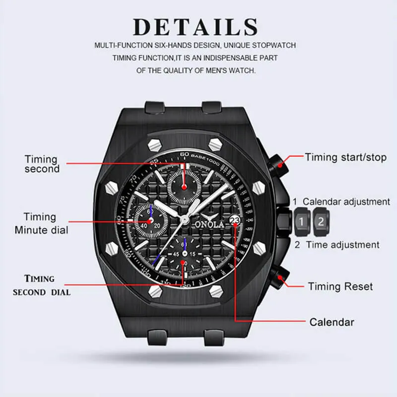 ONOLA Multifunctional Quartz Mens Watch Tough Style Steel Case