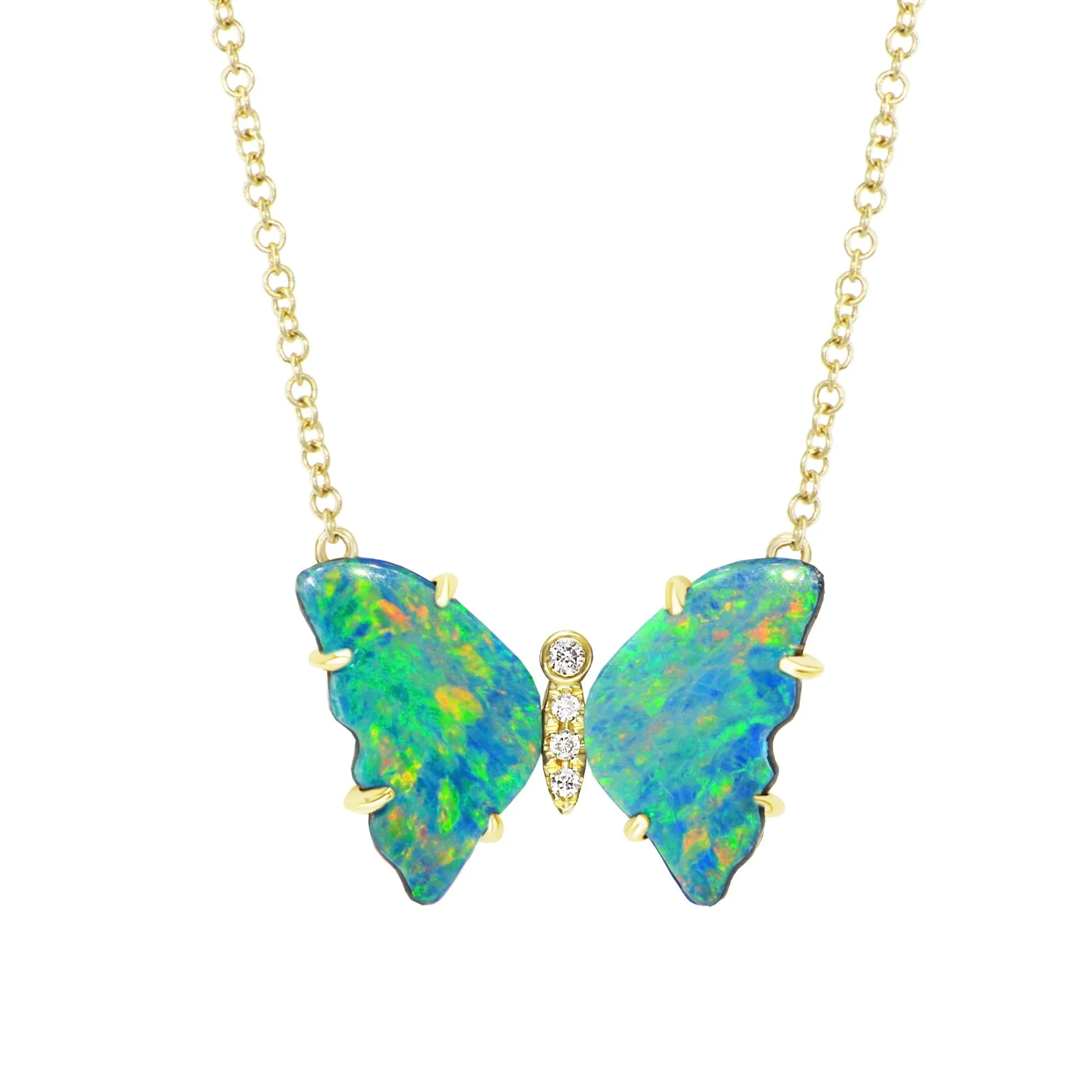 Opal Butterfly Necklace with Diamonds and Prongs - Earth Green