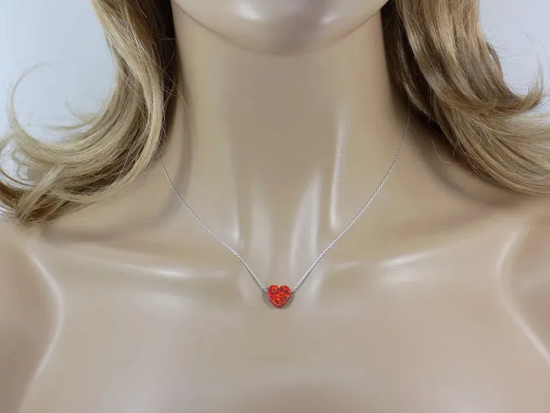 Opal Red Heart Silver Necklace