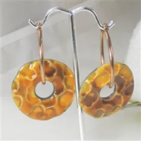 Orange Artisan Handmade Earrings Raku Glaze Copper Hoops