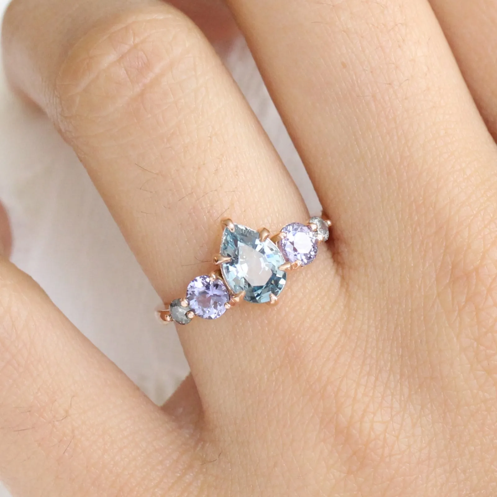 Pear Aqua Blue Sapphire Engagement Ring in 14k Rose Gold 5 Stone Ring, Size 6.5