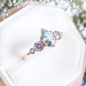 Pear Aqua Blue Sapphire Engagement Ring in 14k Rose Gold 5 Stone Ring, Size 6.5