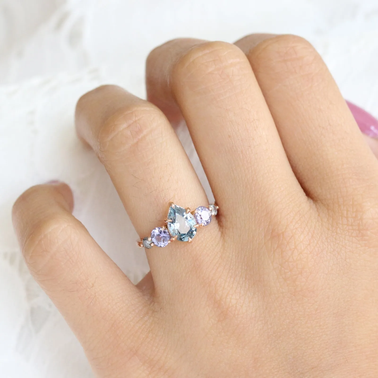 Pear Aqua Blue Sapphire Engagement Ring in 14k Rose Gold 5 Stone Ring, Size 6.5