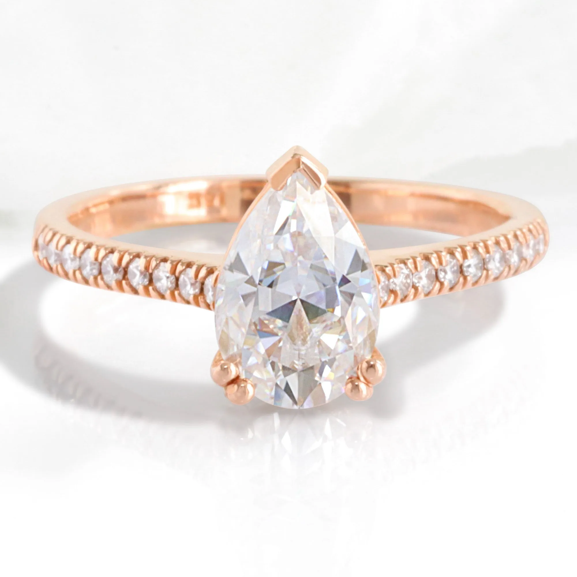 Pear Moissanite Solitaire Ring in 14k Rose Gold Pave Diamond Band, Size 6.25