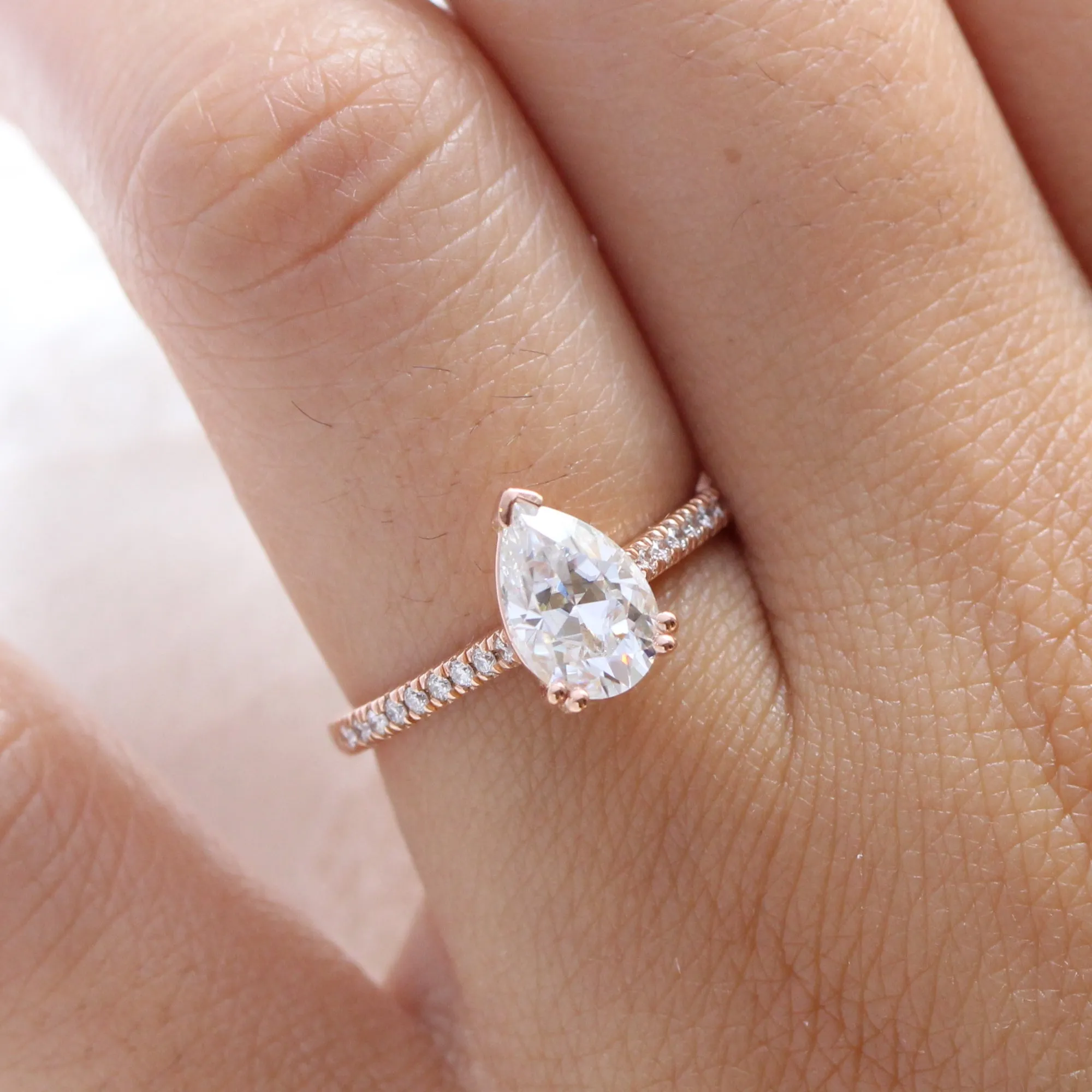 Pear Moissanite Solitaire Ring in 14k Rose Gold Pave Diamond Band, Size 6.25