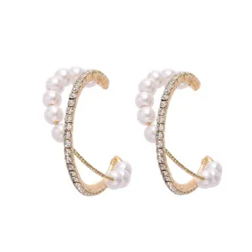 Pearl Clear Crystal Rhinestone Hoop Invisible Clip On Earrings