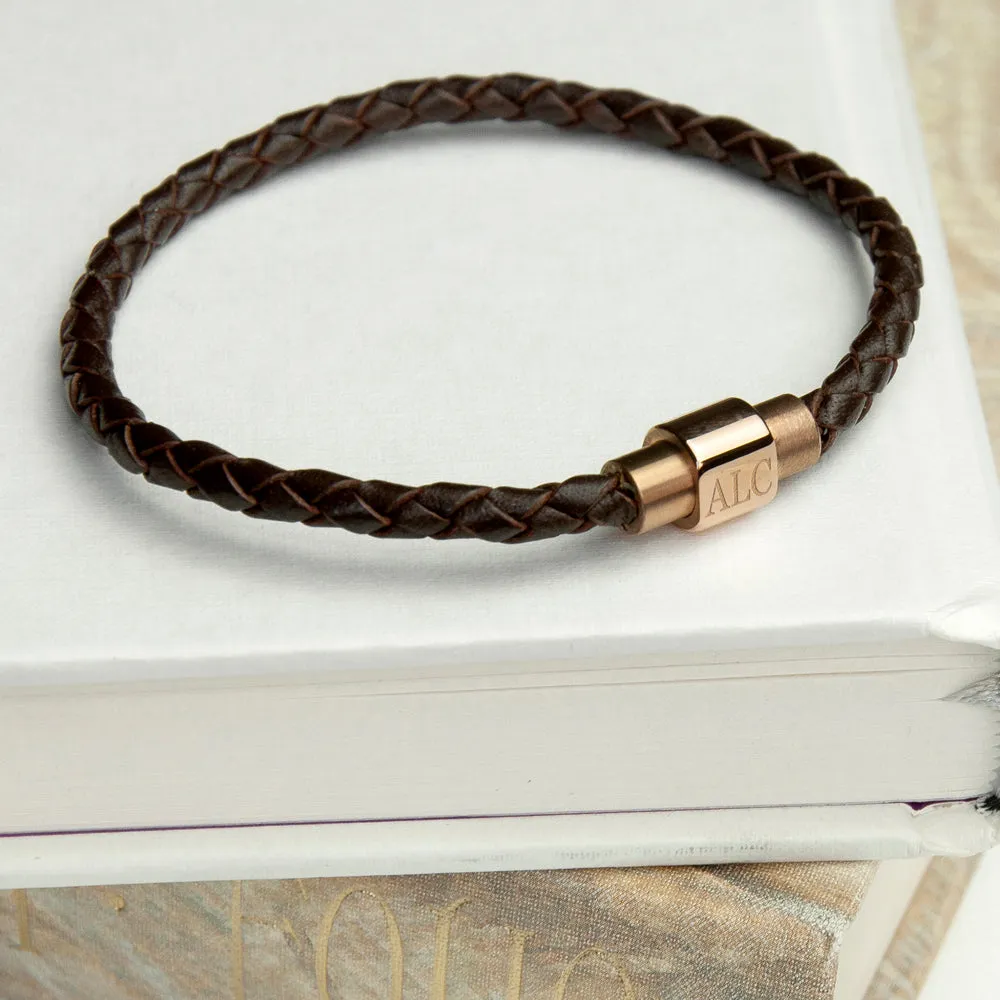 Personalised Men's Woven Leather Bracelet With Rose Gold Clasp