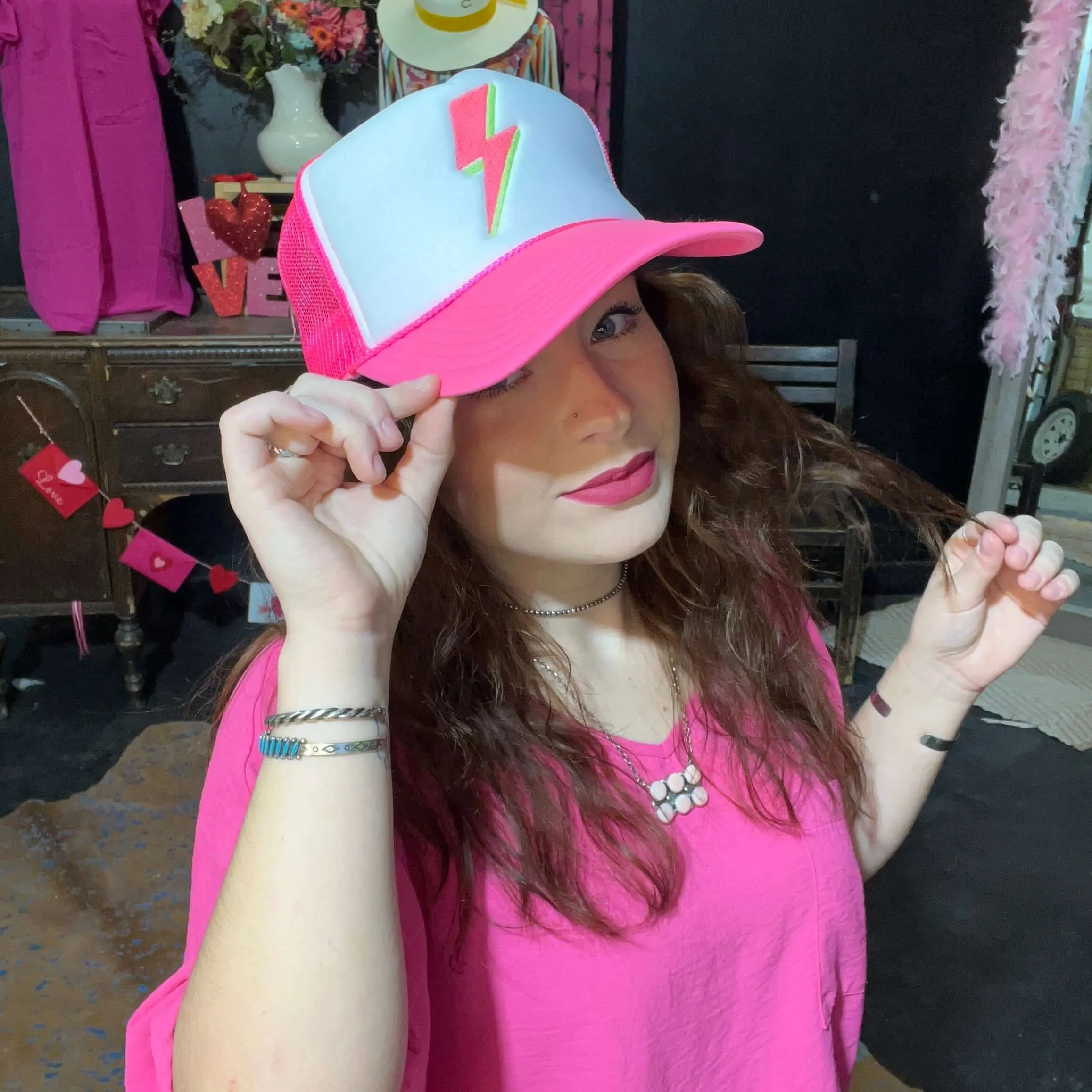 Pink Lightening Bolt w/Chain Trucker Hat