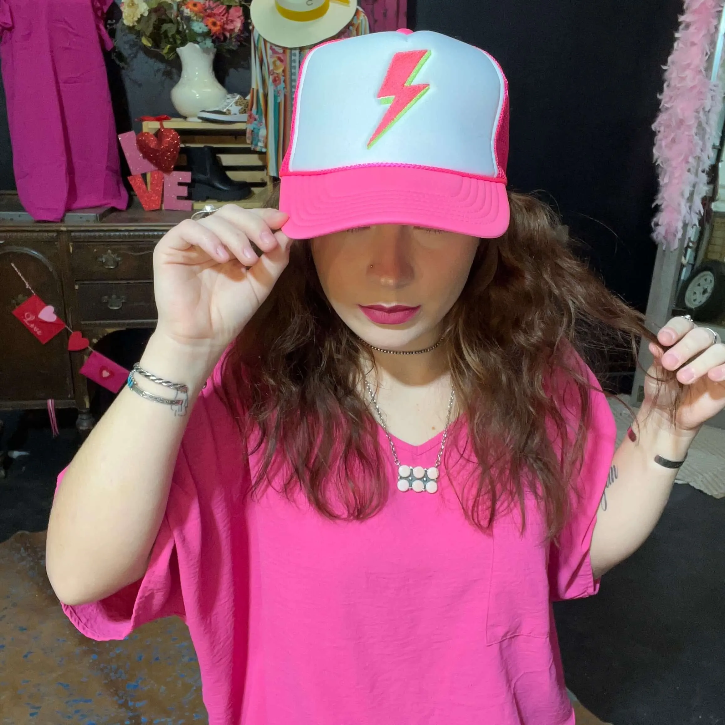 Pink Lightening Bolt w/Chain Trucker Hat