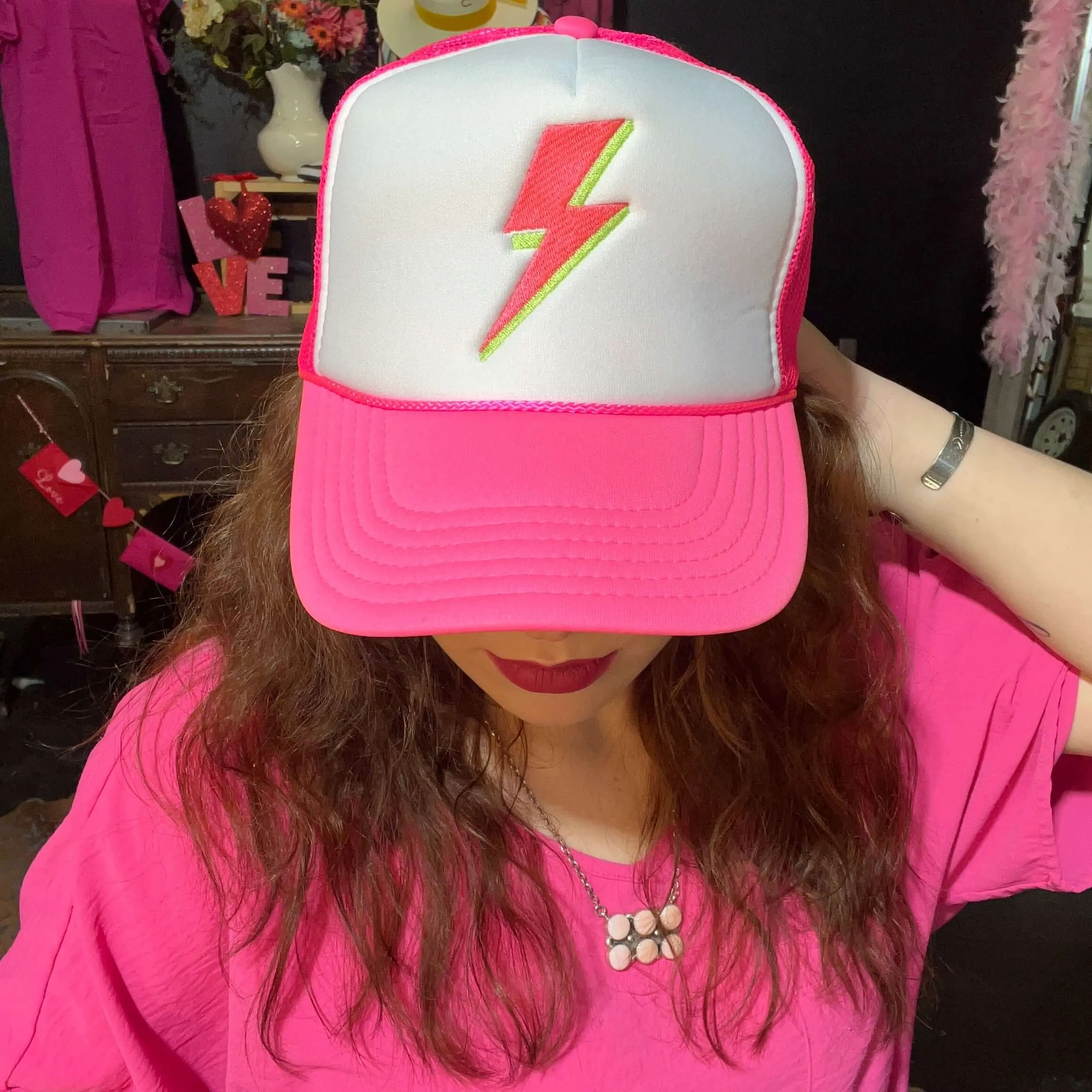 Pink Lightening Bolt w/Chain Trucker Hat