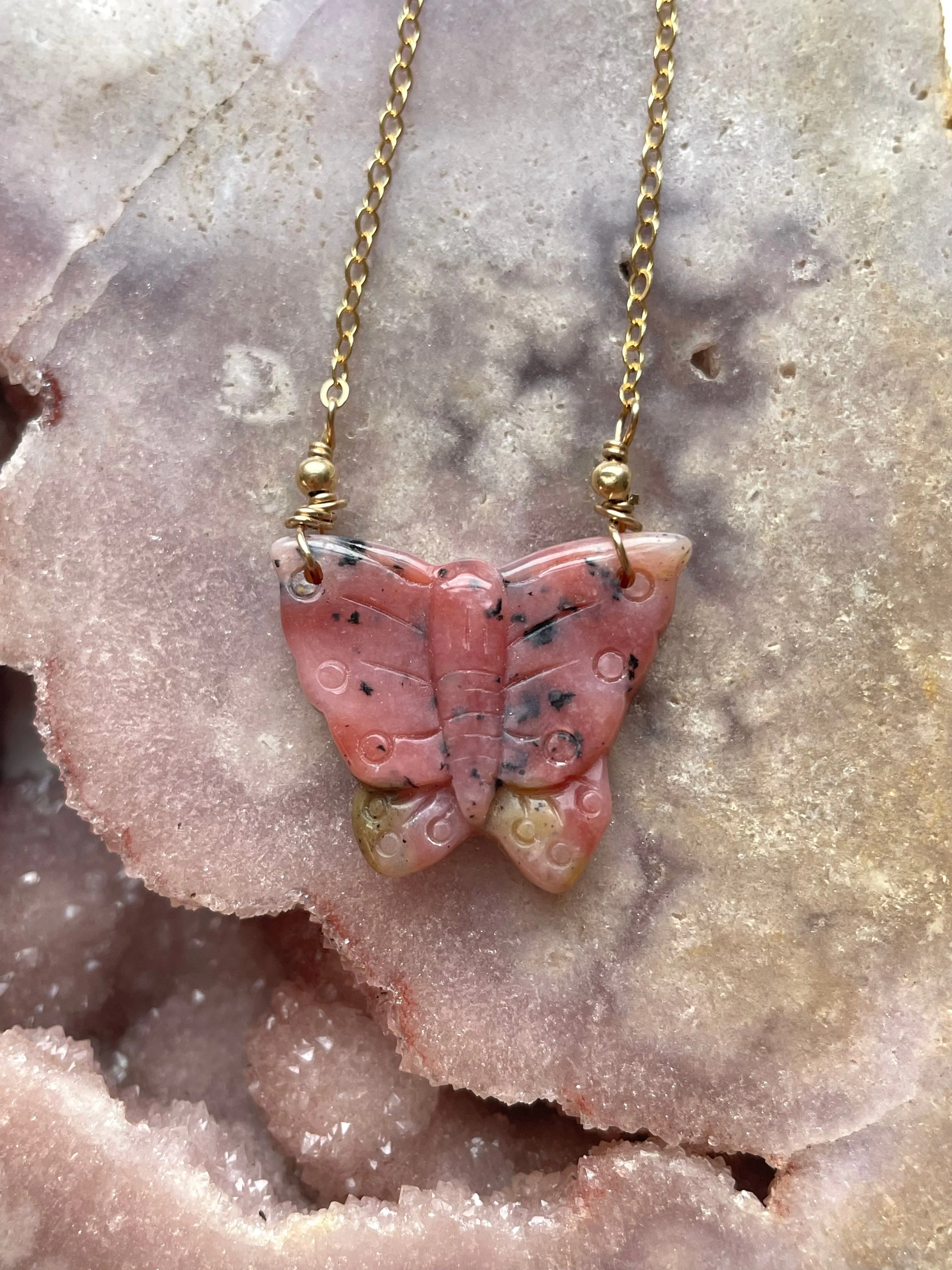 Pink opal butterfly pendant necklace