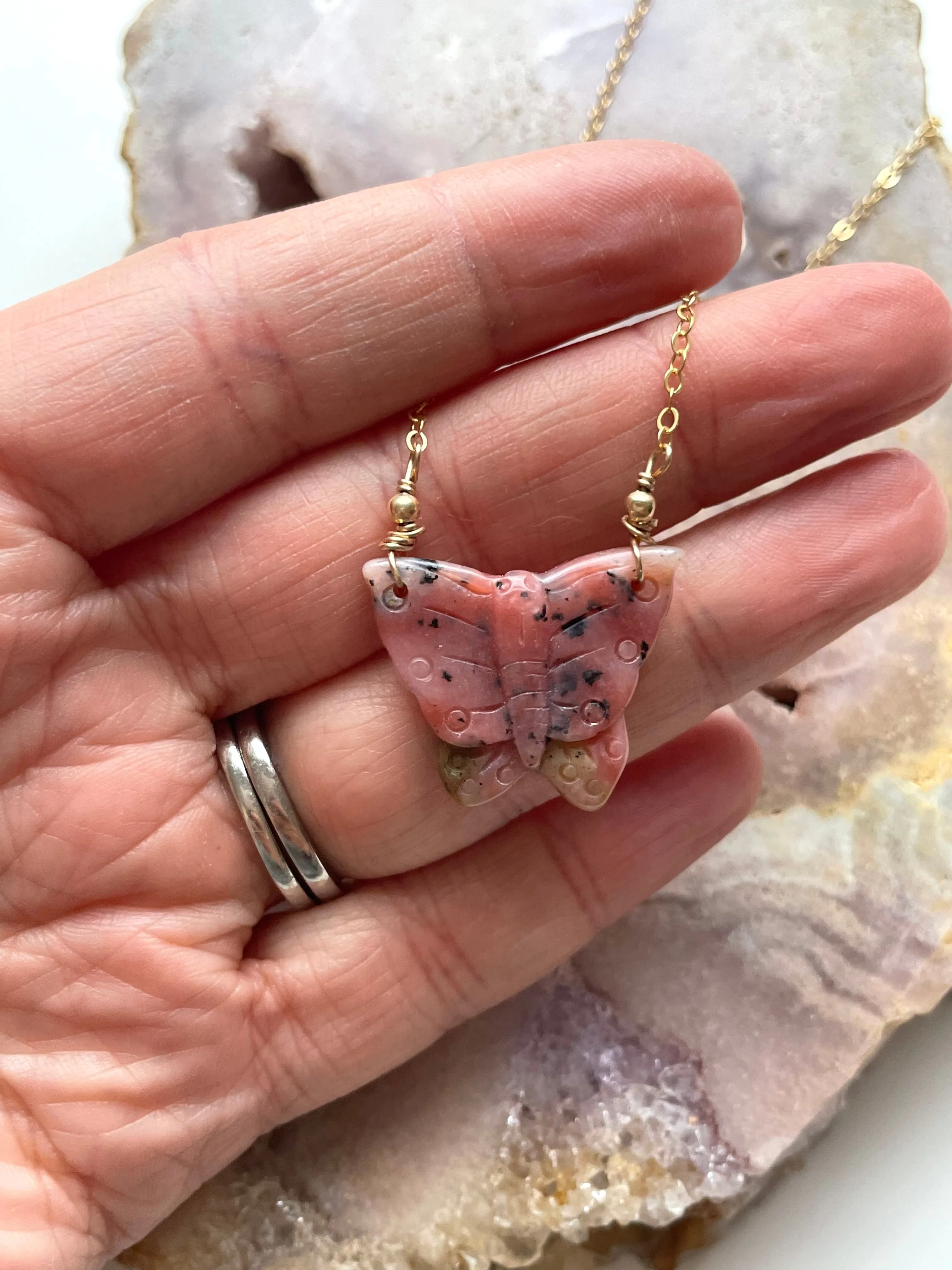 Pink opal butterfly pendant necklace