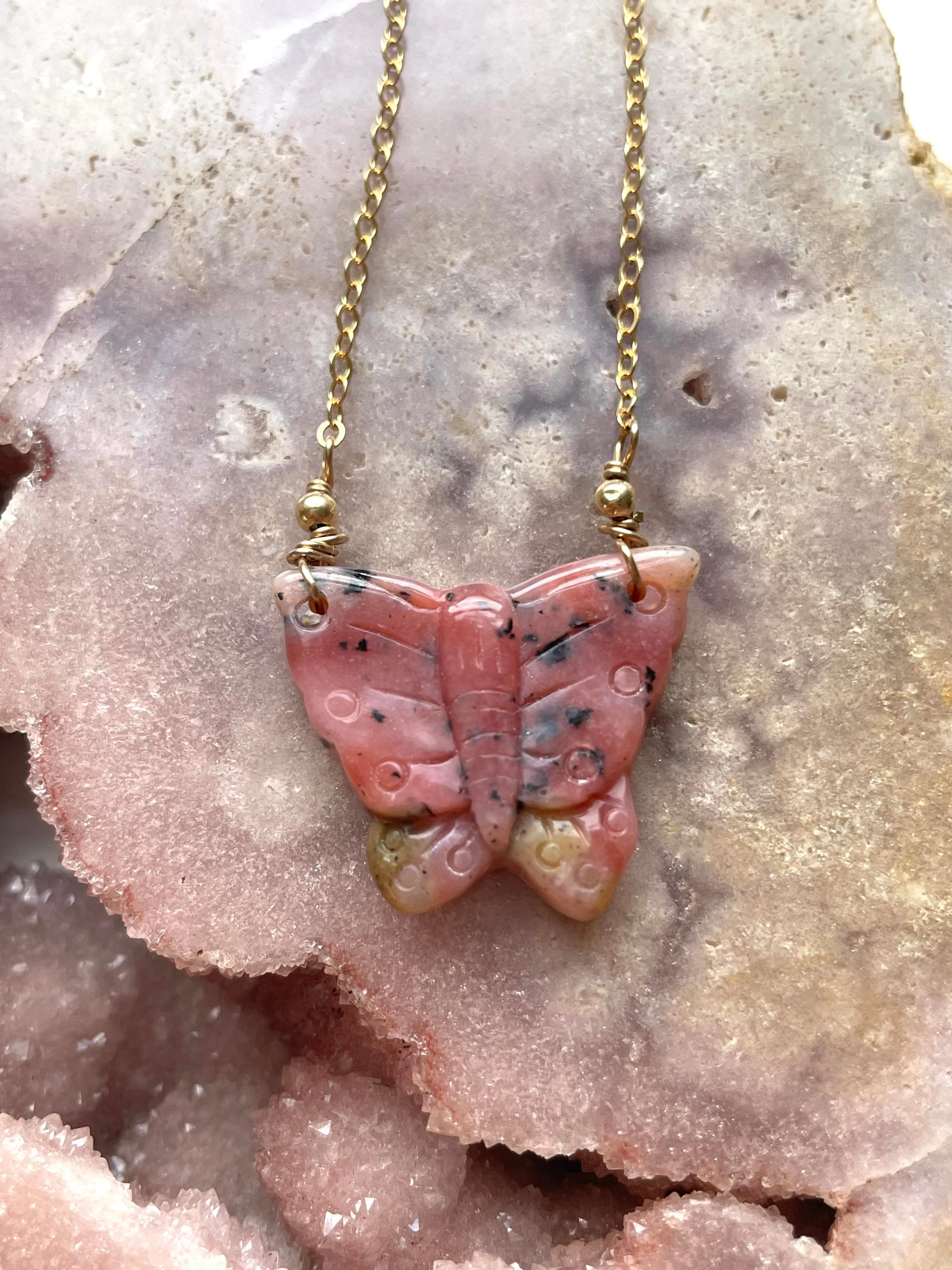 Pink opal butterfly pendant necklace