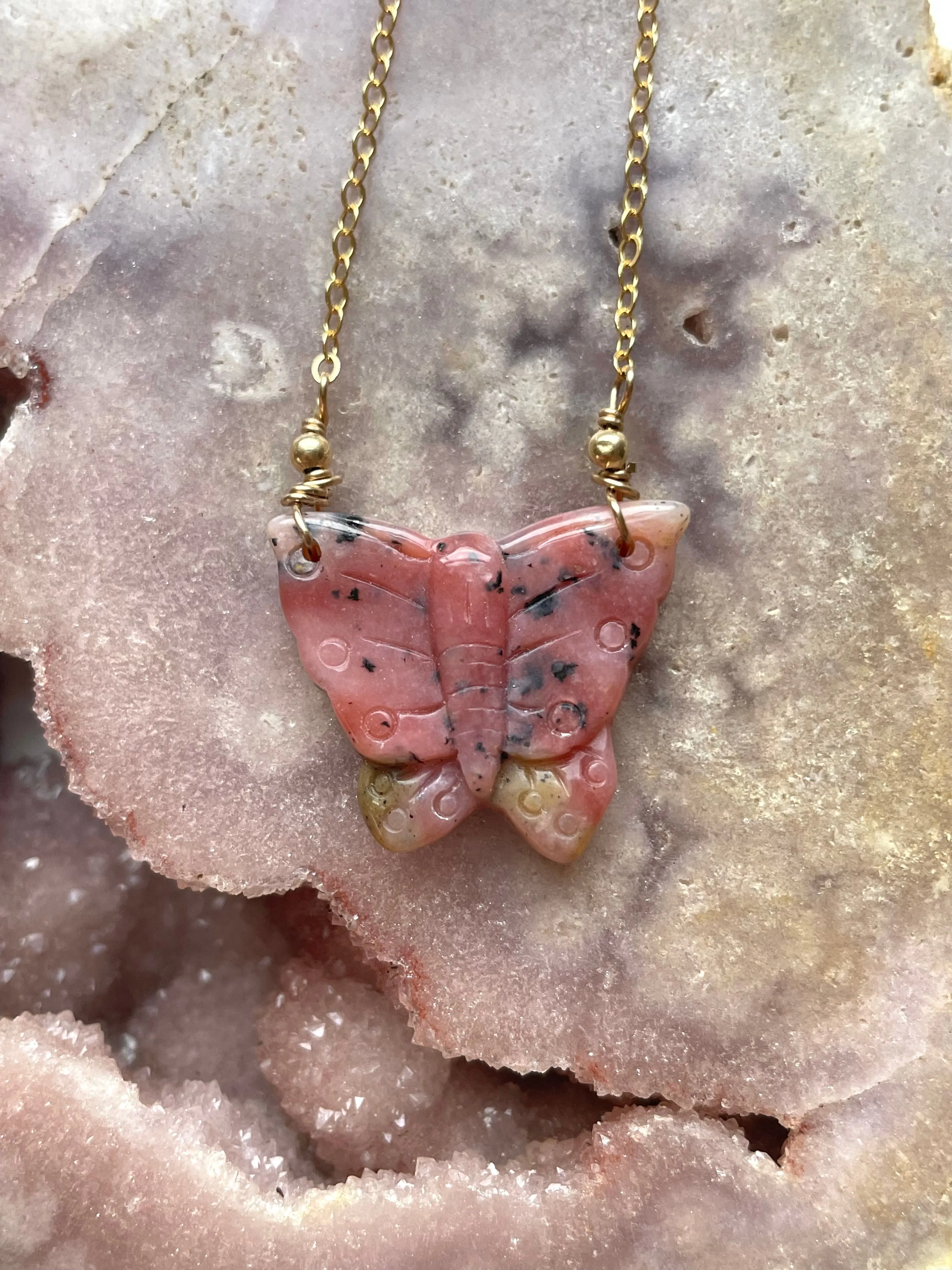 Pink opal butterfly pendant necklace