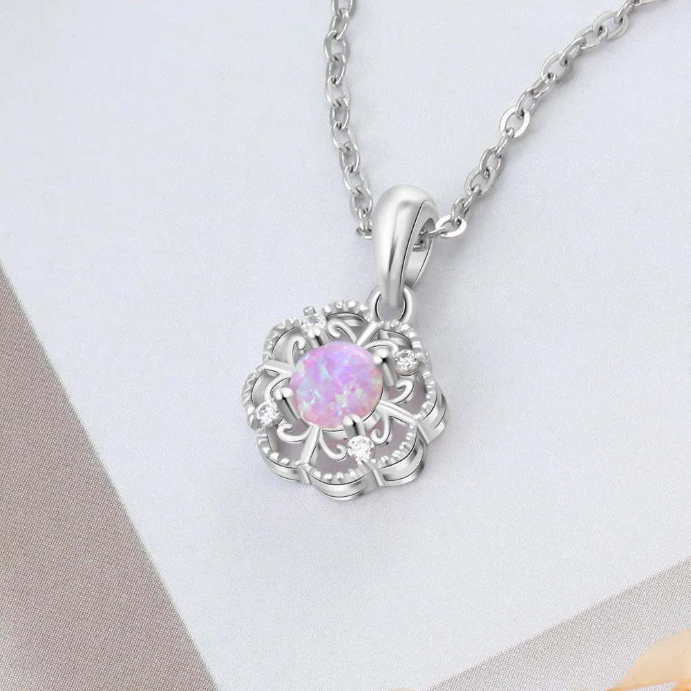 Pink Round Opal Four Leaf Clover Zircon Sterling Silver Necklace